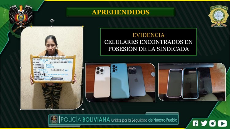 Aprehendida por receptación tras robo de celular en un hotel de Tarija.
